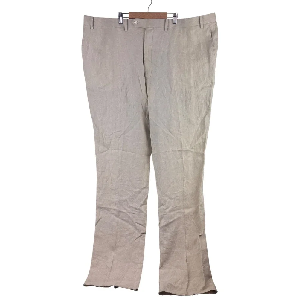 Ralph Lauren Dress Pants Mens 50 Tan 100% Linen Big & Tall Flat Front New